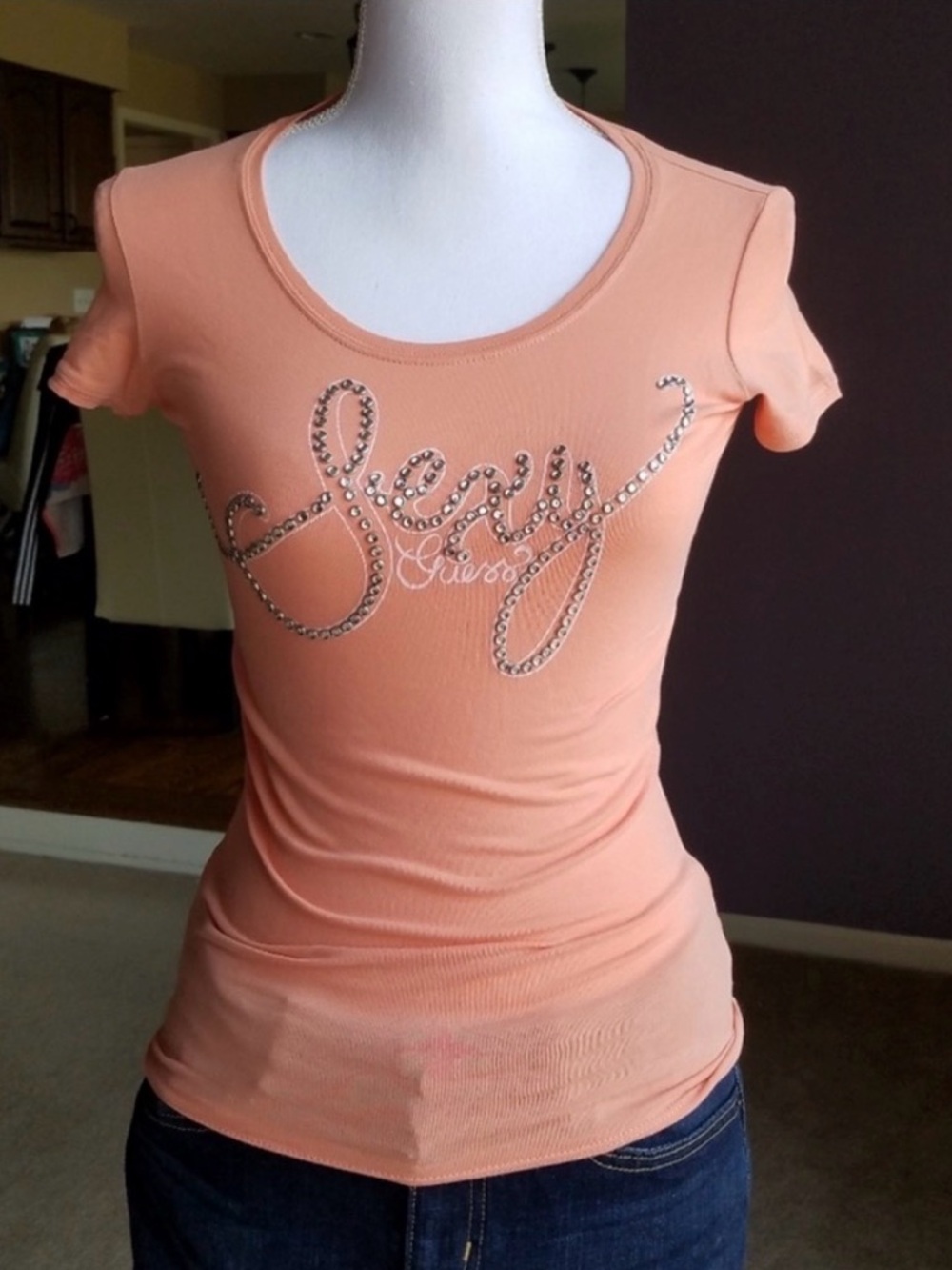 Guess Studded Salmon Pink Short Sleeve Sexy Logo T-shirt from Italy